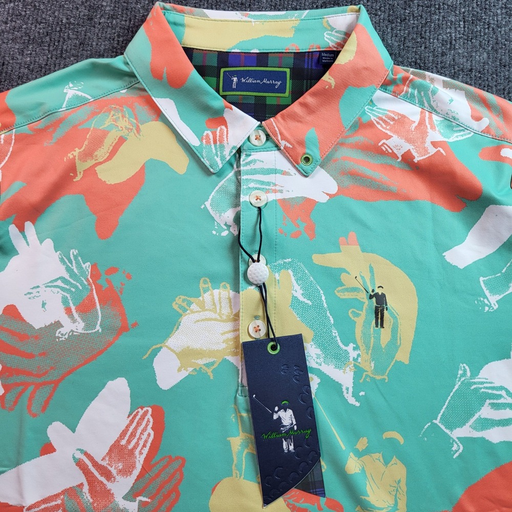 William Murray Golf Polo‎ Shirt Medium Hands Print Short Sleeve Button Down